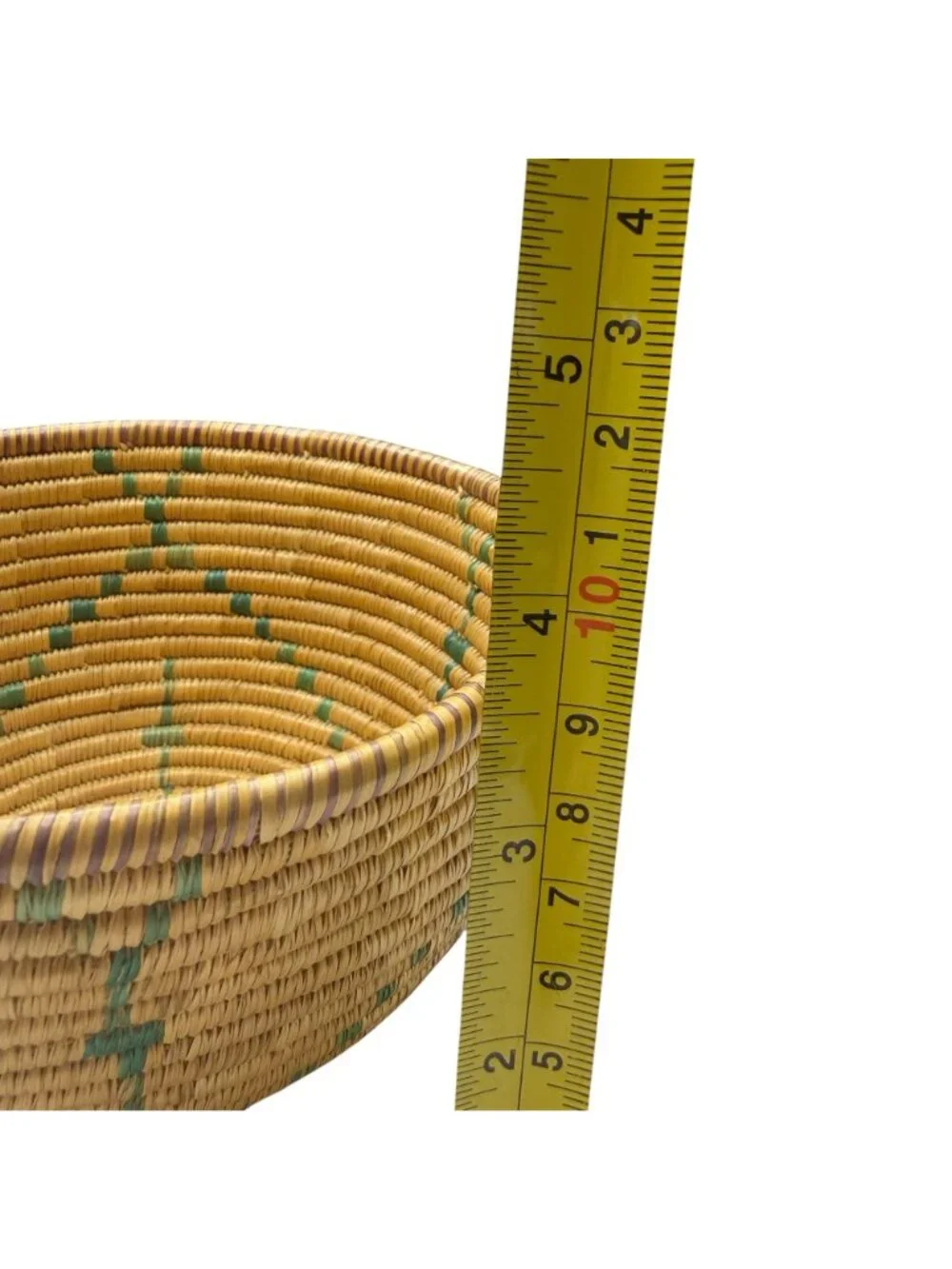 Vintage Handwoven Coiled Basket Bowl Geometric Green Accent Southwestern Boho 7.